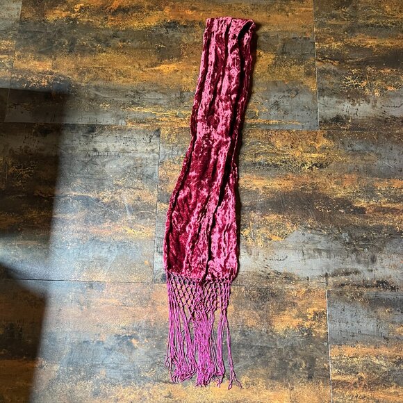 Burgundy Wine Crushed Velvet Scarf with Macrame Fringe, 84" x 5.5" - Picture 7 of 7